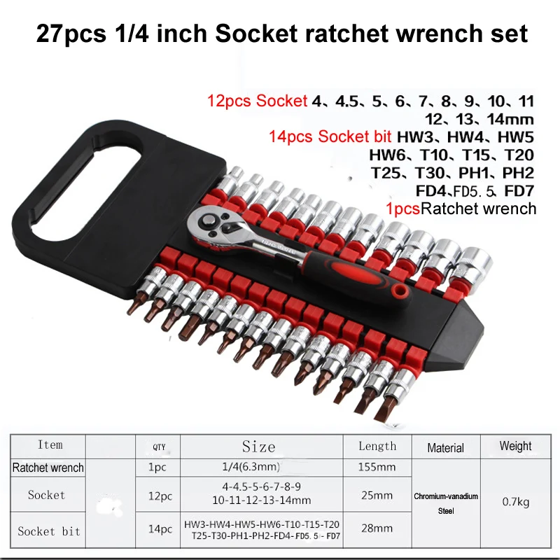 27pcs Chrome Vanadium Steel 1/4 Drive Ratchet Wrench Set Quick Socket Phillips Torx Slotted Hex Screwdirver bit Tool Kit