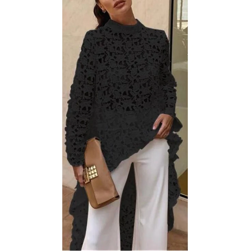 High Low Top Asymmetrical Tunic Women Lace Hollow Out Shirt Long Sleeve Irregular Top Stand Collar Female Loose Blouse AM0263