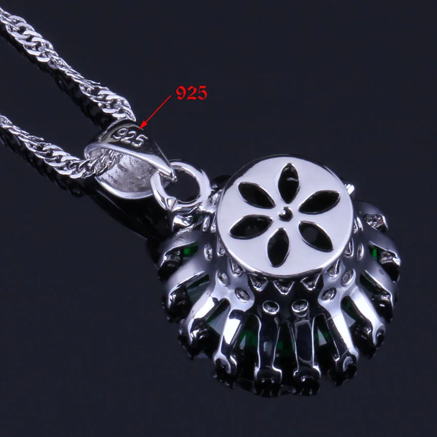 Unique Round Green Cubic Zirconia White CZ Silver Plated Jewelry Sets Earrings Pendant Chain Ring V0278