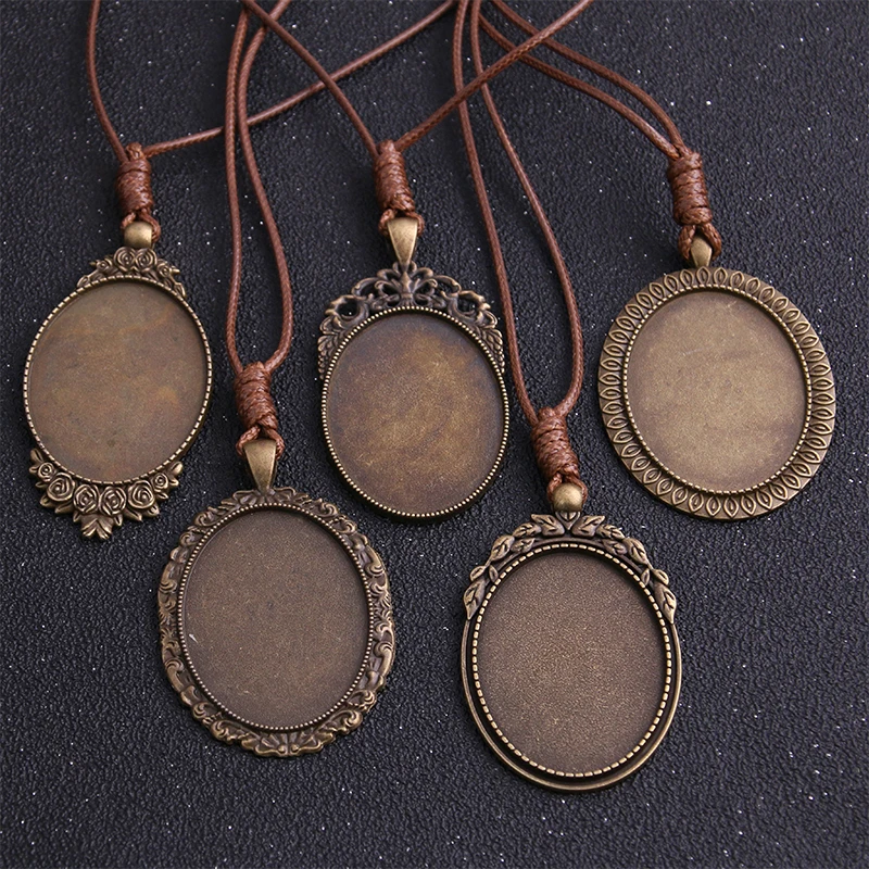 1pcs Zinc Alloy Antique Bronze 30*40mm Oval Cabochon Settings Blank Cameo Pendant Base Tray With Leather Cord For Jewelry Making