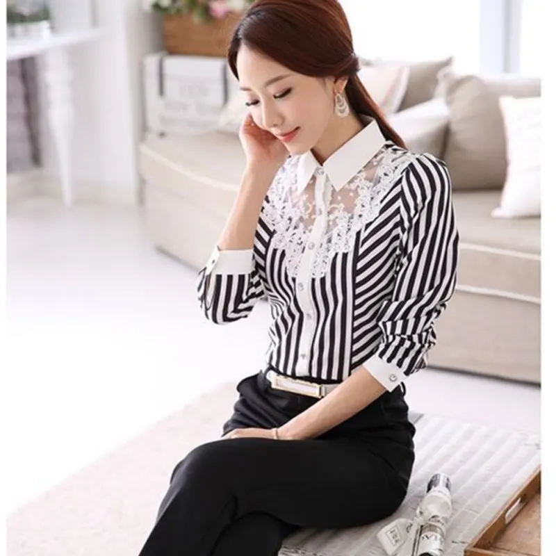 Fashion Women Blouse Long Sleeve Lace Tops Striped Turn-Down Collar Blouses Official Female Formal Shirt Spring Autumn