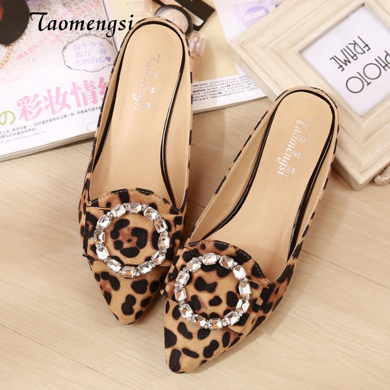 Taomengsi Women's Shoes 2023 Diamond Leopard Sandals Baotou Lazy Slippers Pointed Wrapping Flat Shoes