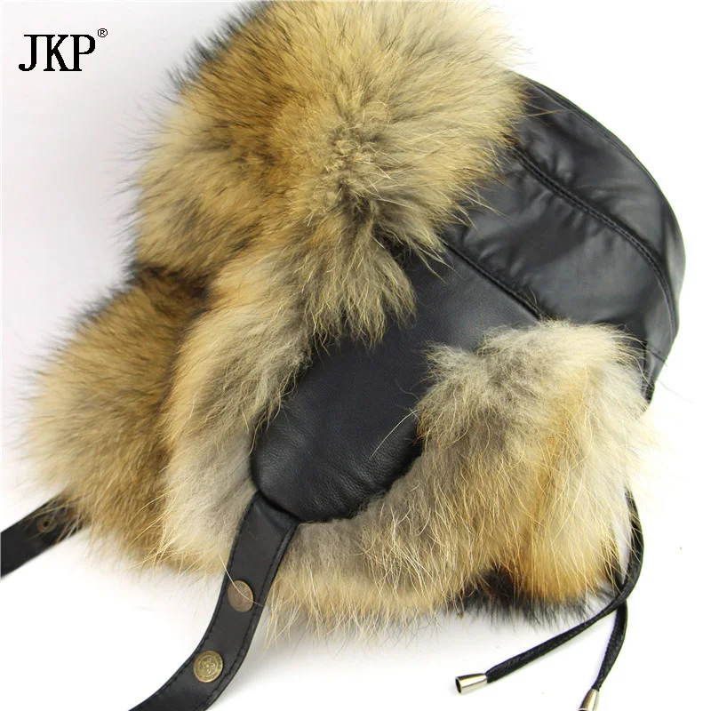 2024 Genuine Fox Fur Men\'s Hats Natural Raccoon Fur Lei Feng Bomber Ushanka Real Leather Russian Winter Warm Hats