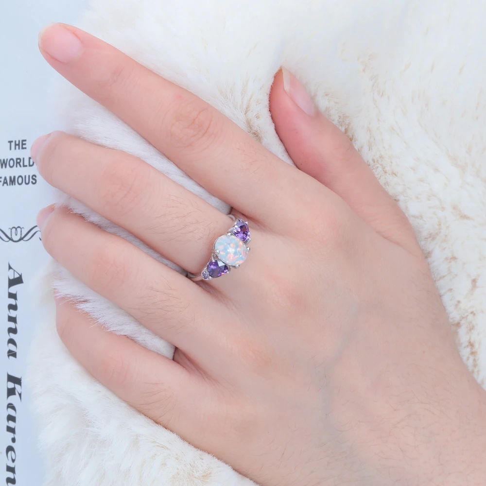 CiNily Created White Fire Opal Rings with Purple Zircon Silver Color Rings for Women Party Trendy Fashion Jewelry Gifts Size5-10