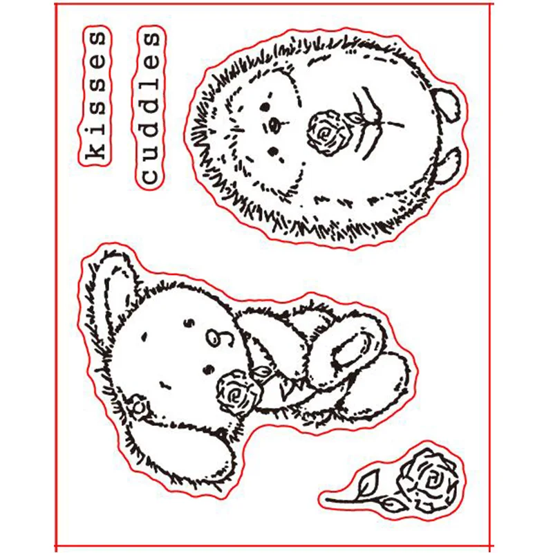 Kisses Cuddles Hedgehog Bear Transparent Clear Silicone Stamp for DIY Scrapbooking/Photo Album Valentine Decorative Card Making