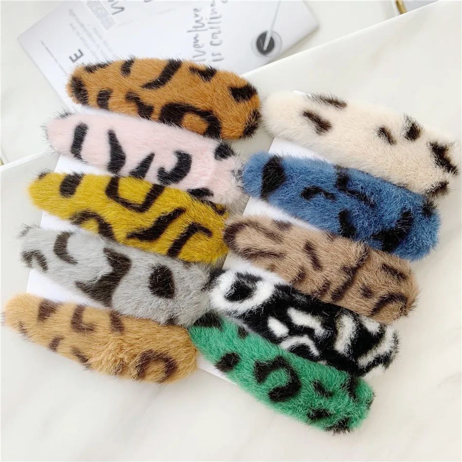 

2019 Fashion Color leopard imitation rabbit hair clip water drop BB clip hair Women girl bangs clip Headwear Accessories