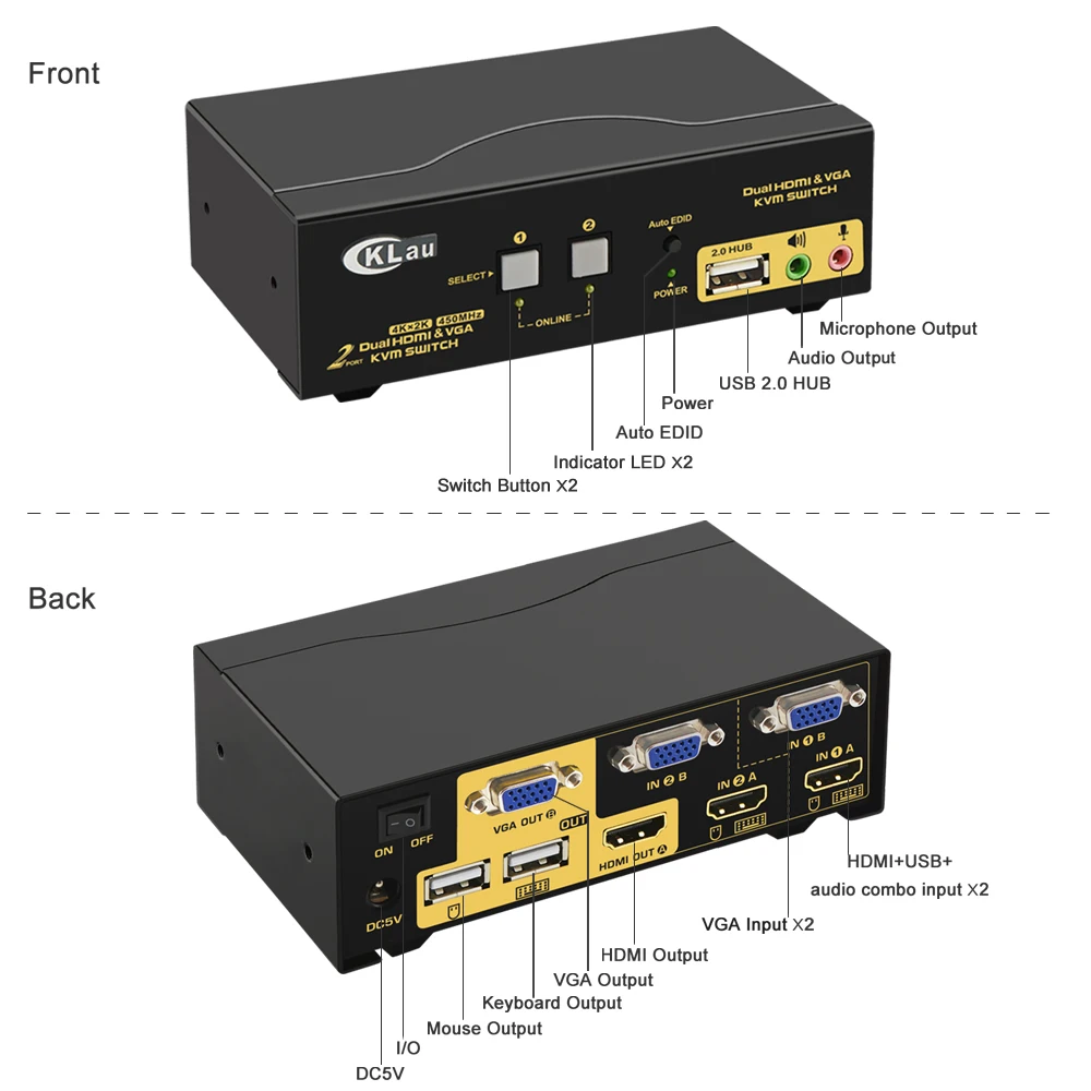 Commutateur KVM à 2 ports, affichage étendu, commutateur CKL KVM HDMI VGA, double moniteur avec Audio, prise en charge 4K @ 30Hz