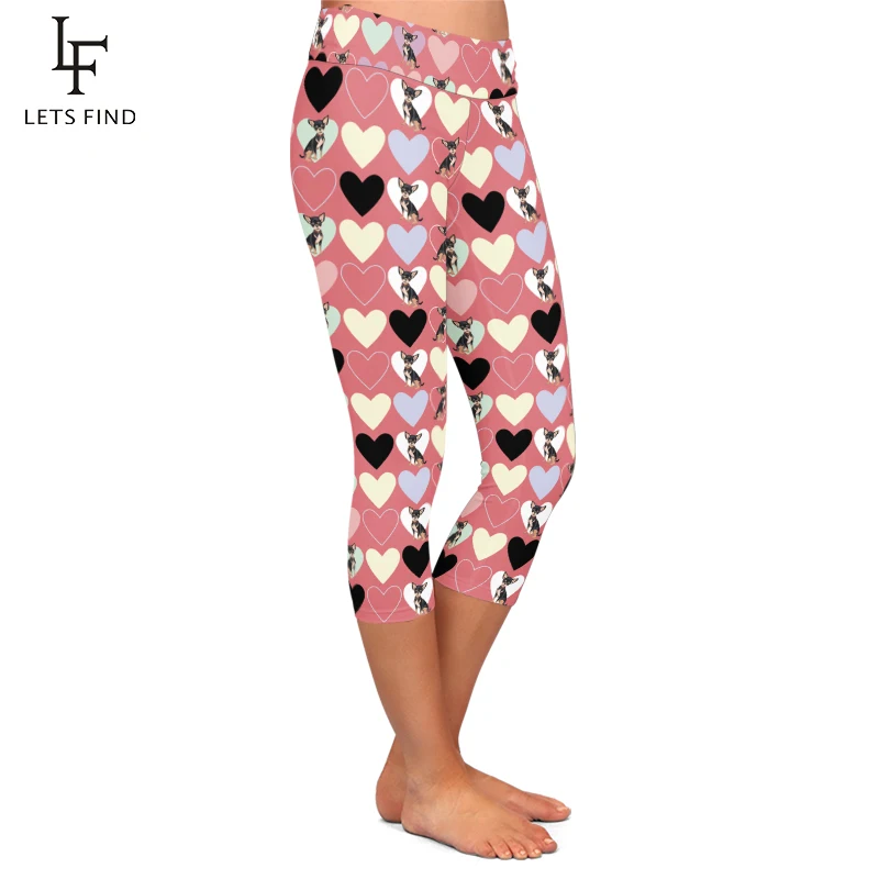 High Quality Women Capri Leggings 3D Love and Dog Milk Silk Print High Waist Elastic Mid-Calf 3/4 Fitness Legging