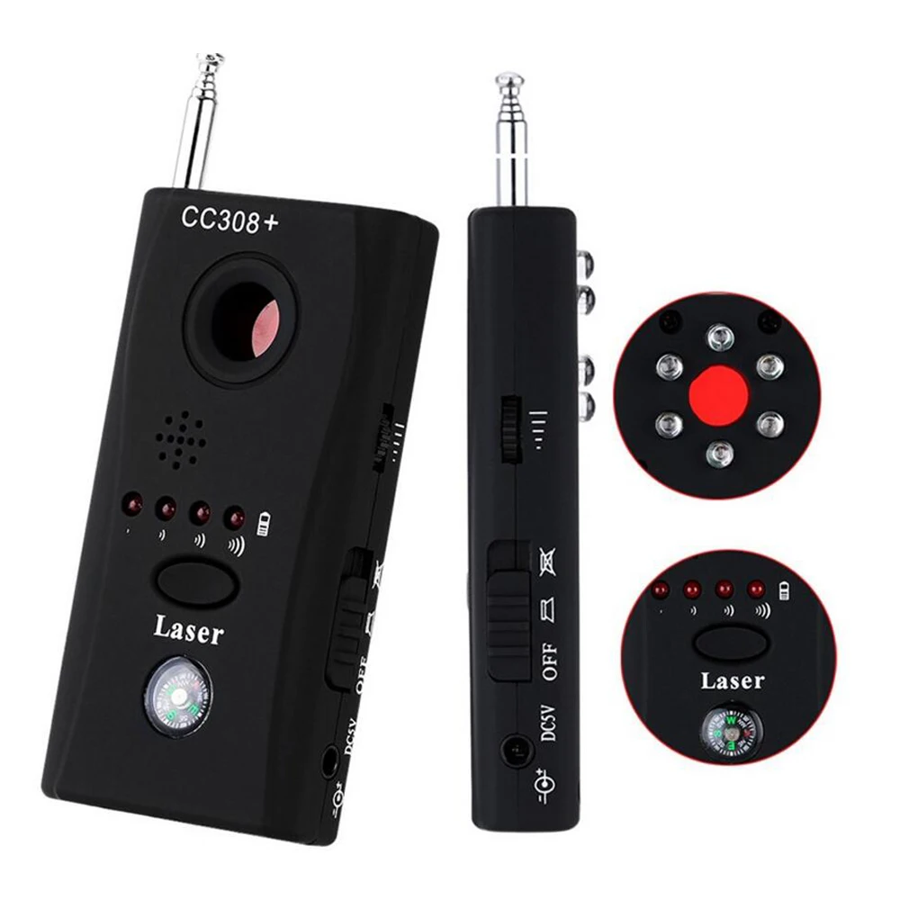 CC308 + Mini Anti-Spy RF Signal Radio Freqency Detector telecamera nascosta lente Laser rilevatore di dispositivi GSM