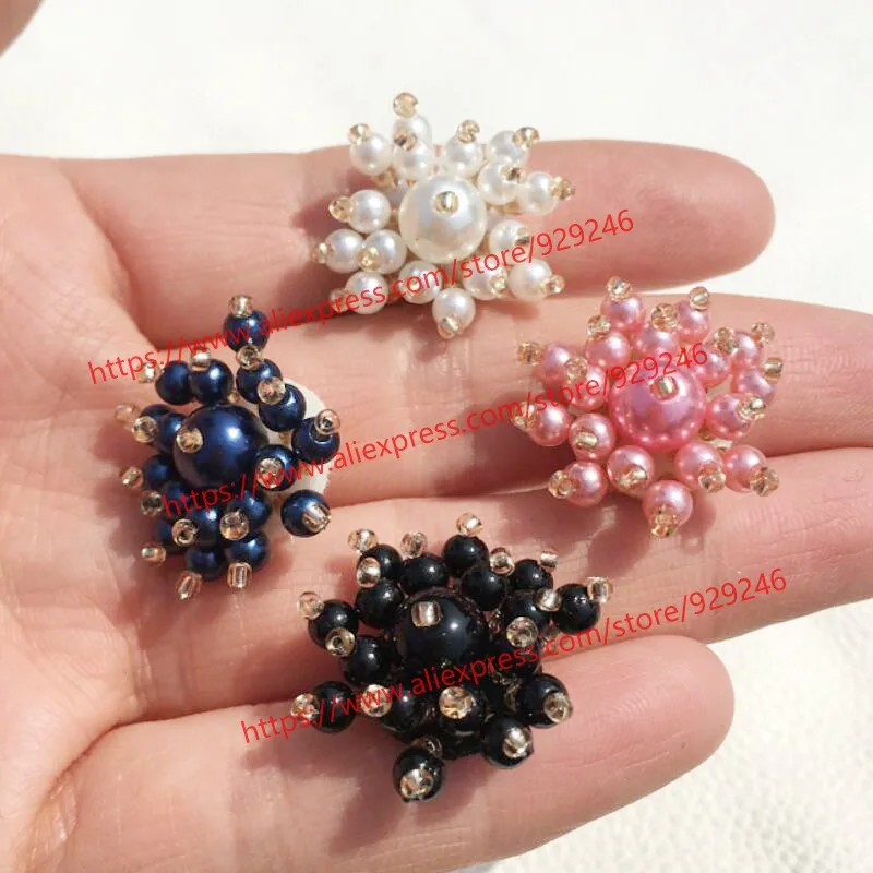 50pcs/lot wholesale small beaded pink flowers for hairdress ornaments sewing-on black white beads patch for sweaters DIY stuffs