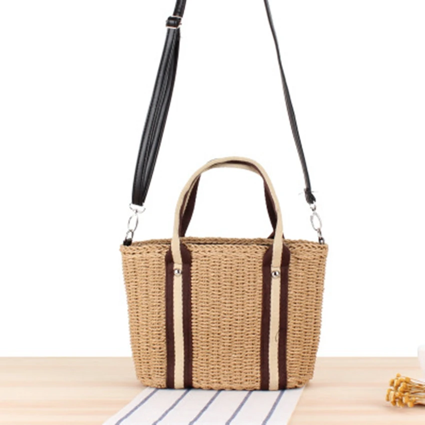 College style vertical strip straw bag shoulder portable beach hand-woven bag retro fashion holiday wild handbag