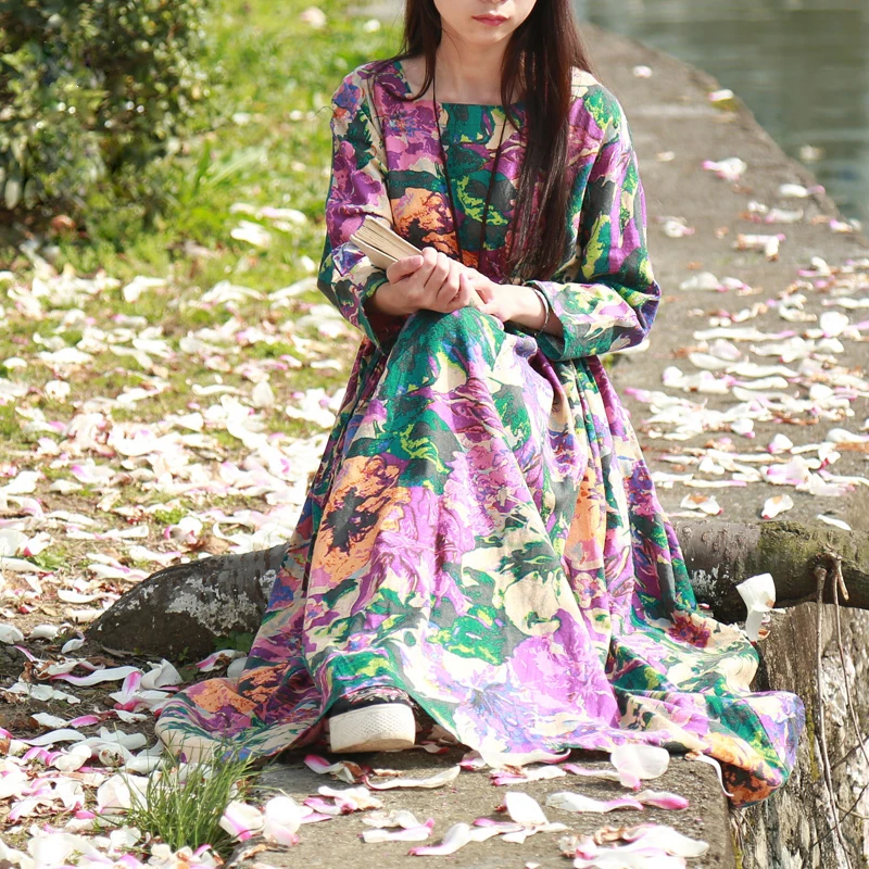 LZJN-vintage bloemenjurk voor dames, lentegewaad, herfstgewaad, vierkante kraag hoge taille met trekkoord katoenlinnen maxi-jurken