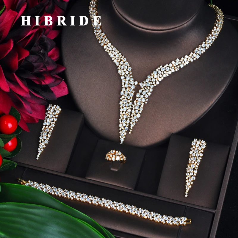 

HIBRIDE New Dubai Fine Jewellery Set For Women Bridal Wedding Accessories 4 Pieces Necklace Ring Bracelet Earrings N-707