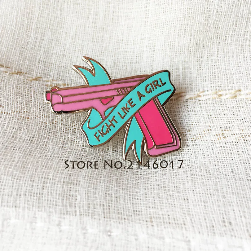 

100pcs Feminist Girl Power Themed Cartoon Metal Badge Lapel Pin and Brooch Female Fight Like a Girl Gun Style
