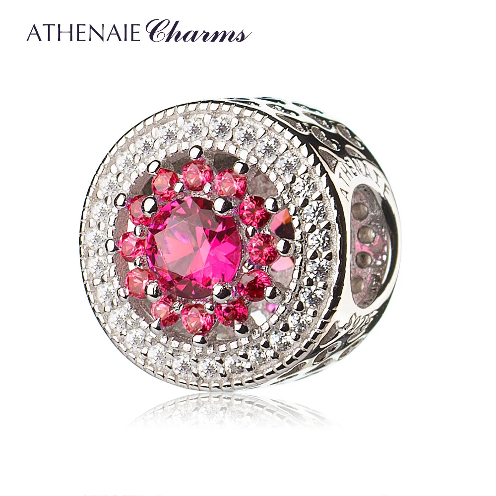 

ATHENAIE 4 Colors 925 Sterling Silver with Pave Clear CZ & Rose Red Heart Radiant Openwork Charm Beads Fit Bracelets and Bangles