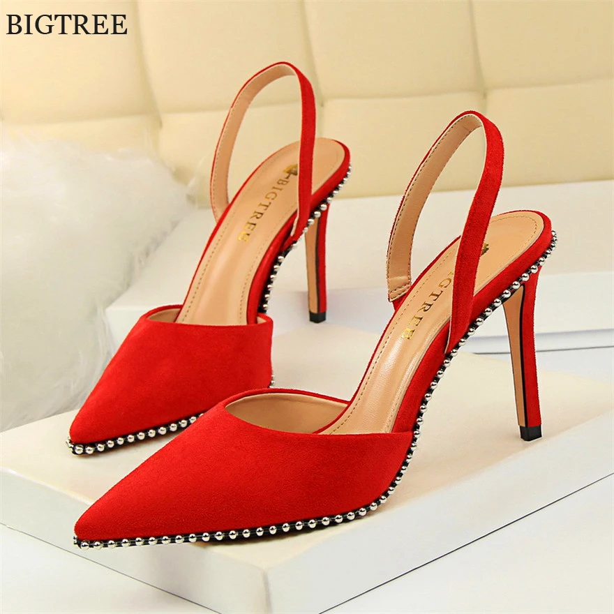 

Show Thin Female Sandals Fashion Rivet Back Strap Shallow High Heels Shoes Women's Solid Flock/PU Pointed Toe Sexy Party Sandals