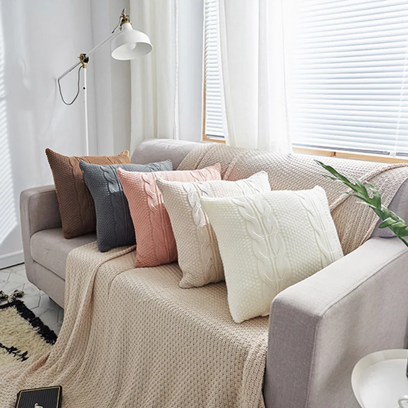 Double Cable Knit Cushion Cover Vintage Coffee Ivory Grey Pink Coffee Solid Pillow Case  45cm*45cm Soft  5 colors for choose