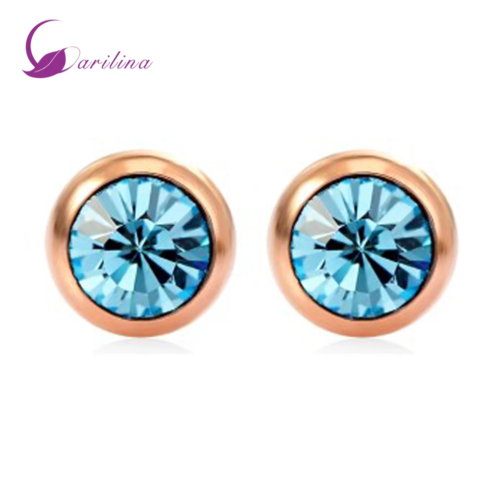 Round Blue Austrian crystal Yellow Gold earrings Stud earrings for teen girls fashion jewelry AE2088