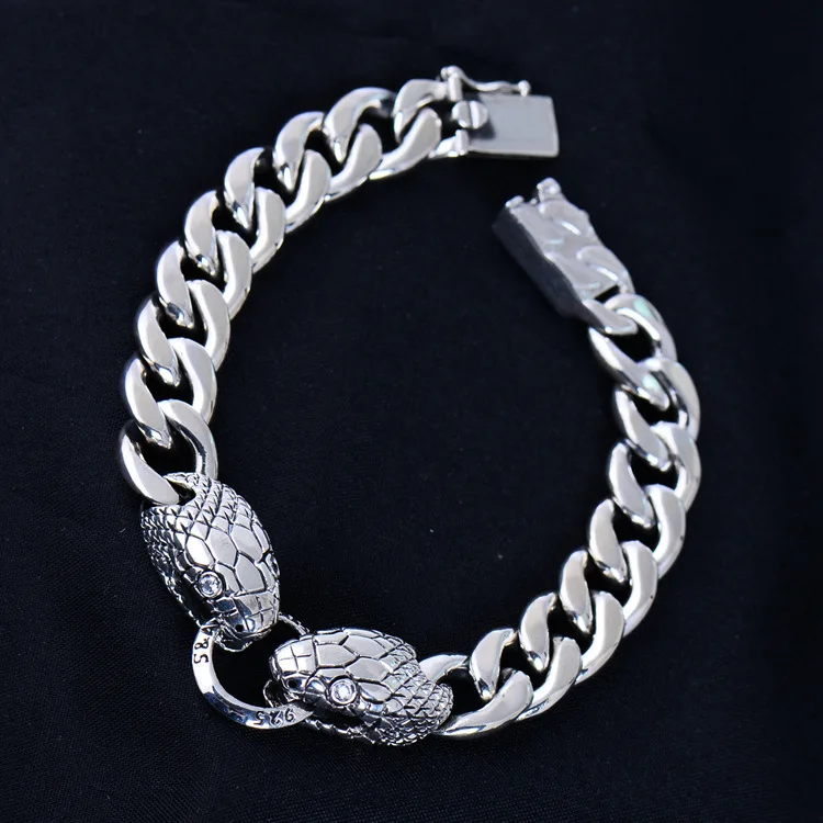 Hand ornament S925 silver double headed snake domineering silver bracelet new European and American accessories.