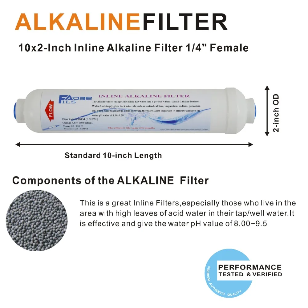 2 pacotes de filtro de água alcalina 2 "de dia. Poste de substituição para água ro longo de 10 polegadas, filtro em linha, valor de ph de 8.00 - 9.50