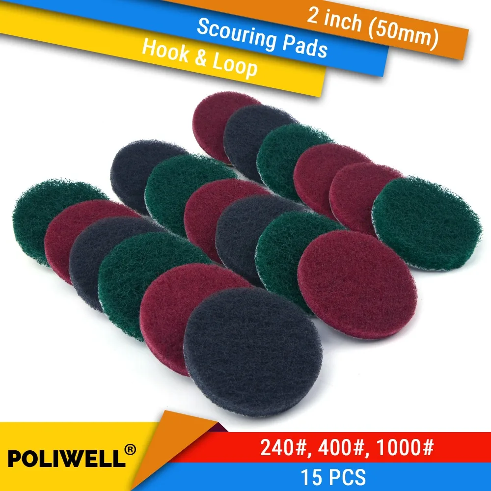 Rodada Gancho e Loop Industrial Scouring Pads, Nylon Polimento Pad para Limpeza de Cozinha, Heavy Duty, 240 #, 400 #, 1000 #, 2 ", 50mm, 15Pcs