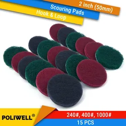 15PCS 2 Inch(50mm) Round Hook&Loop Industrial Scouring Pads Heavy Duty 240#/400#/1000# Nylon Polishing Pad for Kitchen Cleaning