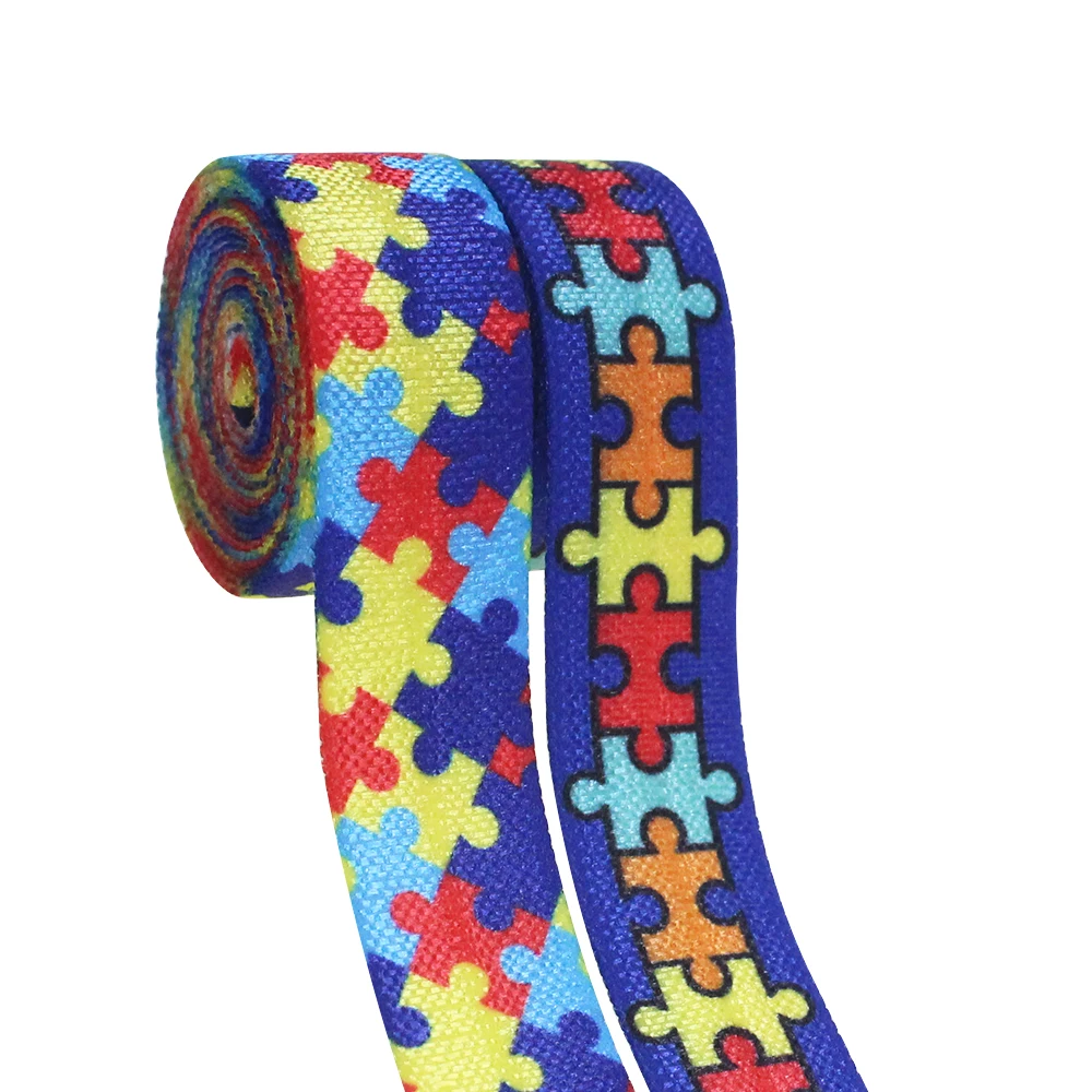 

5/8" Heat Transfer Picture Puzzle Printing FOE Fold Over Elastic Ribbon For Hair Bands 50Yards