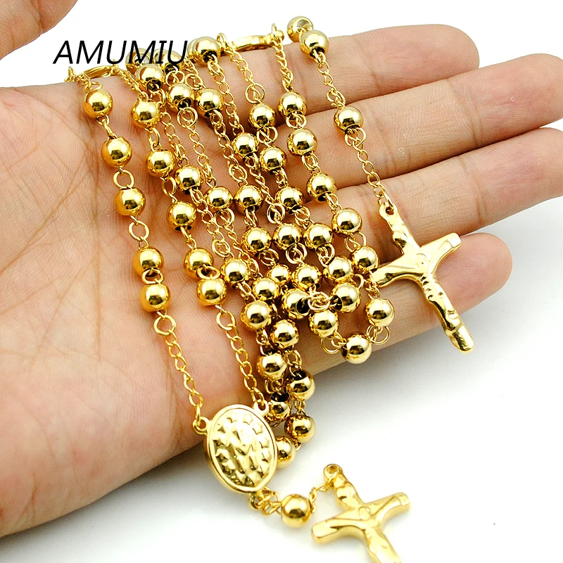 AMUMIU 6mm Beads Chain Gold Color Rosary Bracelet Necklace Sets 2piece/Set Cross Regilious Men Women Jewelry HZTZ075