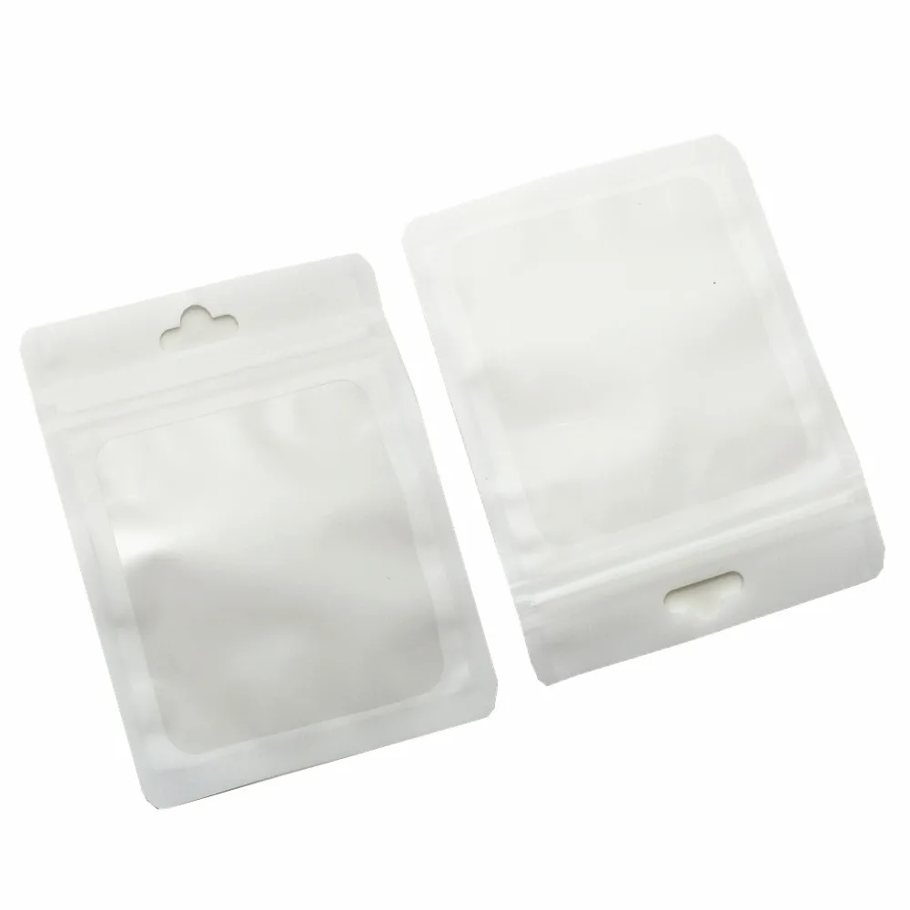 Back Matte White Front Clear Plastic Bags Resealable Zip Lock Package Bag Electronic Jewelry Earring Storage Pouches Hang Hole