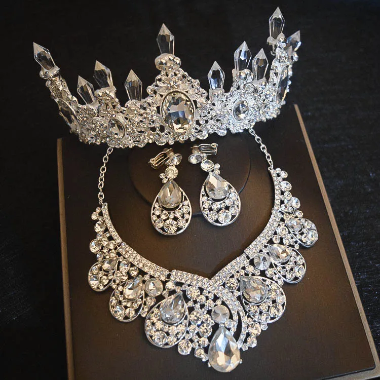 Luxury Big Rhinestone Bridal Jewelry Sets Silver Color Crystal Crowns Tiaras Necklace Earrings Set For Bride Hair Accessories