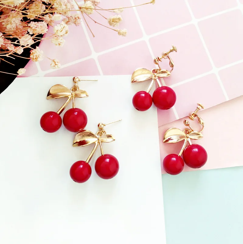 Gold Color Leaf Small Big Red Round Cherry Earrings Brincos Glass Cherries Fruit Pendant Clip Earrings For Women Lady Femme