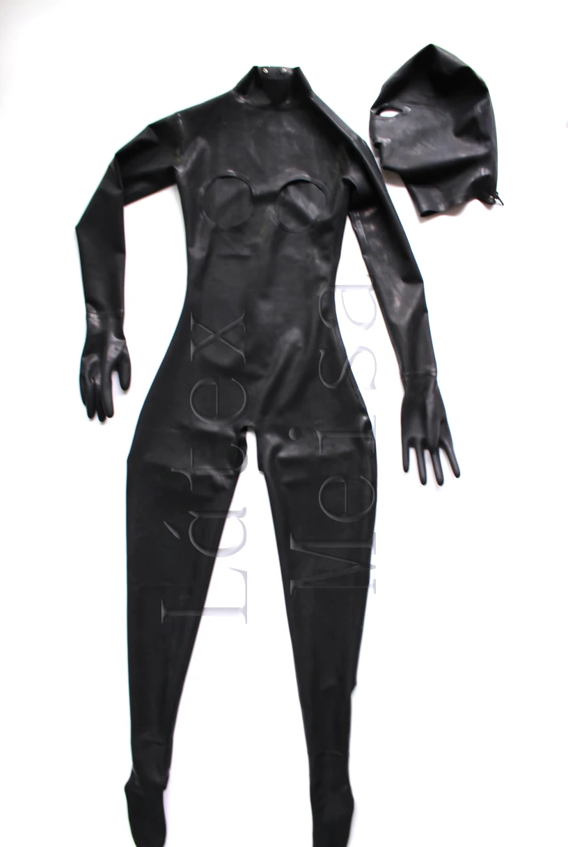 Breast holes & crotchless full cover women's black latex bondage in Zentai including gloves & seperated hoods with back zip