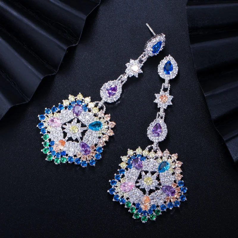 CWWZircons Luxury Multi Colors Cubic Zirconia Long Big Drop Earrings High Quality Women CZ Party Costume Jewelry Accessory CZ353