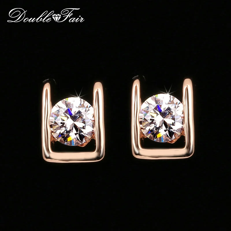 Double Fair Simple OL Style AAA+Cubic Zirconia Stud Earring Rose Gold Color Fashion Wedding Jewelry For Women Gift DFE216