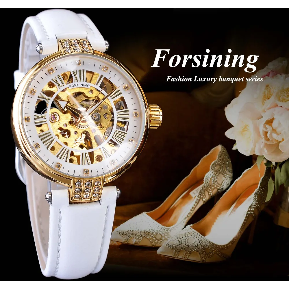 Forsining White Gold Mechanical Automatic Luxury Top Brand Lady Wrist Watch Skeleton Clock Women Leather Dress Age Girl Watches