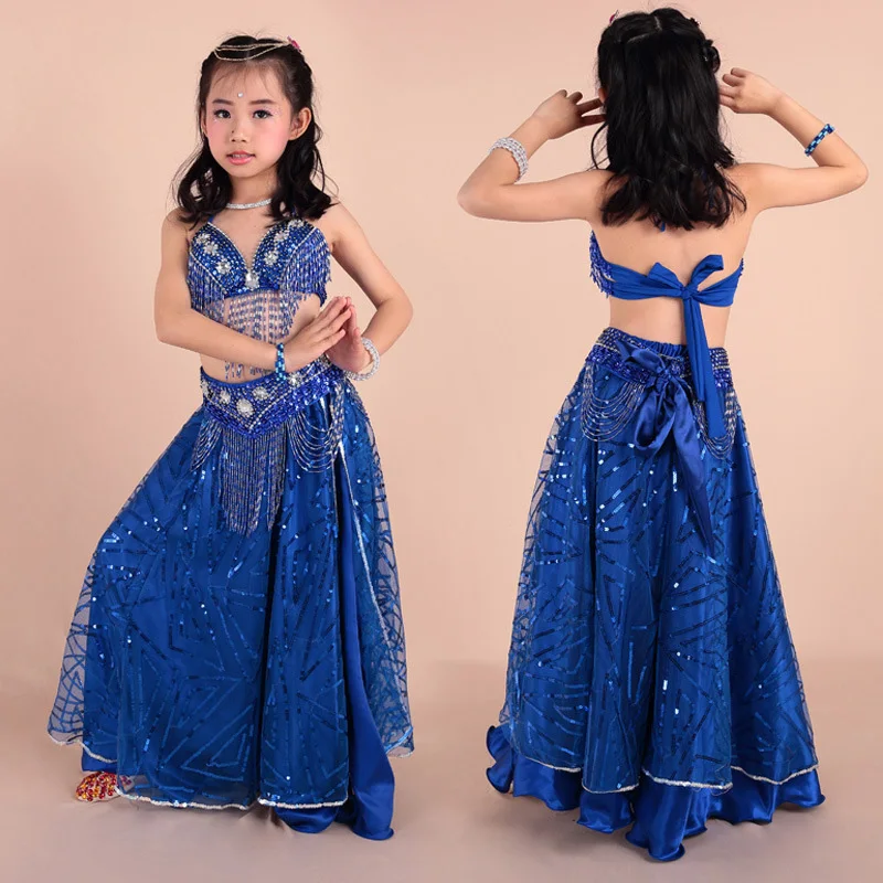 Belly Dance Children Indian fringe skirt Costume Set 3-pieces/set (bra+belt+dress) Bollywood Dance Costumes for Girls 8 colors