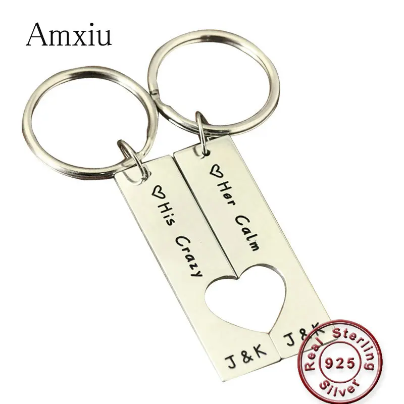 

Amxiu Custom 2 Pieces 925 Silver Keychains Jewelry Engrave Name Date Pendant Key Chains For Lovers Women's Day Gift Accessories