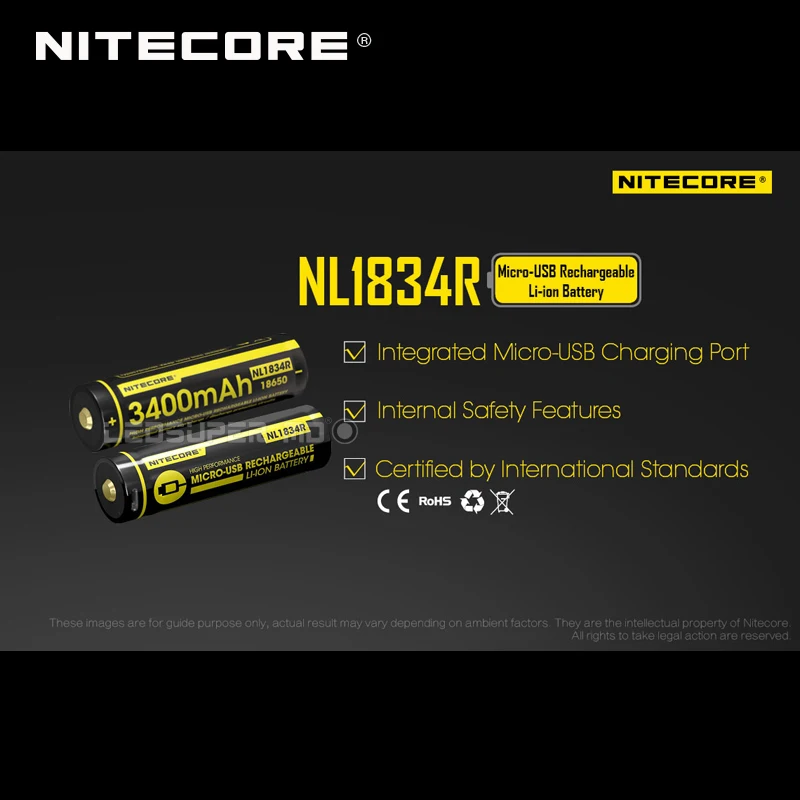 Hot Sale Nitecore NL1834R 3400mAh Micro-USB 18650 Li-ion Rechargeable Battery with Charging Port