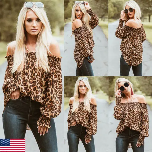 Women Tops Blouses 2019 Autumn Elegant Long Sleeve Leopard Print Off Shoulder Blouse Female Ladies Shirts Blouse