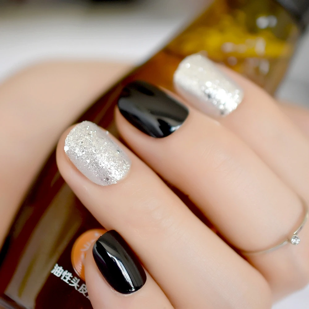 Sparkly Silver Glitter False Nails Short Classic Black Press On Fake Nails Full Cover Acrylic Bling Wear Nail Art Accessories image 5