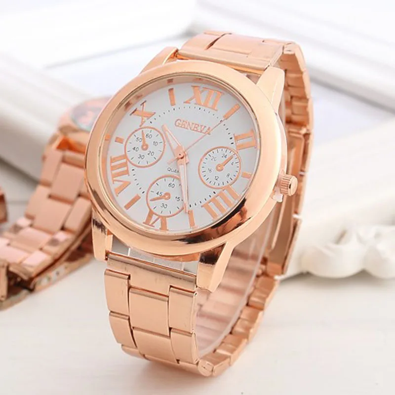 Geneva Fashion Luxury Women Watches Rose Gold Watches Women Stainless Steel Quartz Watch Montre Femme Bayan Kol Saat Reloj Mujer