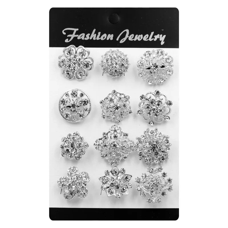 Set of 12 PCS Crystal Rhinestones Small Bejeweled Flower Alloy Pins DIY Wedding Bouquets Brooches