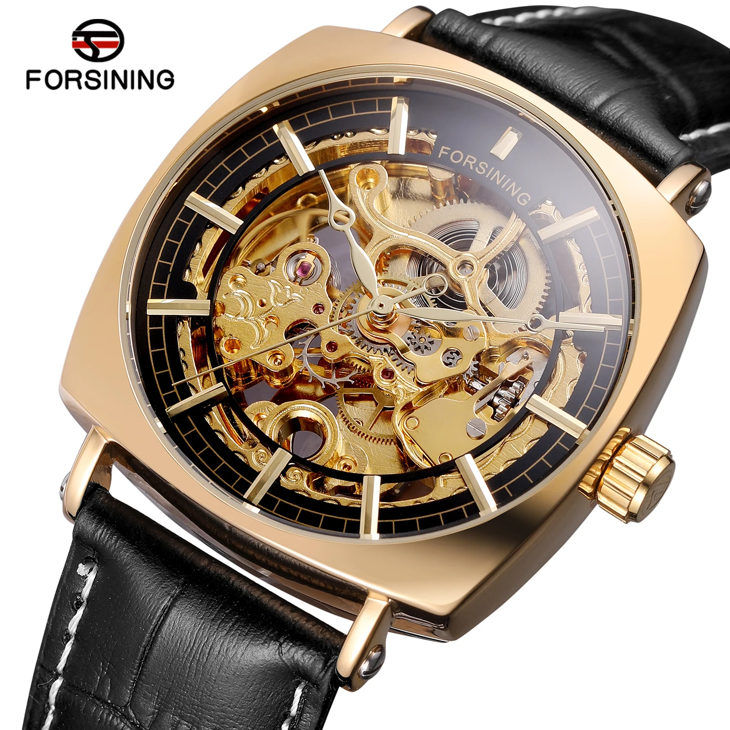 Forsining Top Brand Classic Golden Luxury Skeleton Mechanical Clock Waterproof Black Genuine Leather Men\'s Wrist Watches Male