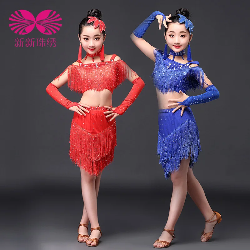 Sequin Fringe Dancewear Kind Mädchen Kinder CostumeSalsa Kleider latindance kinder pailletten Quaste bühne leistung kleidung