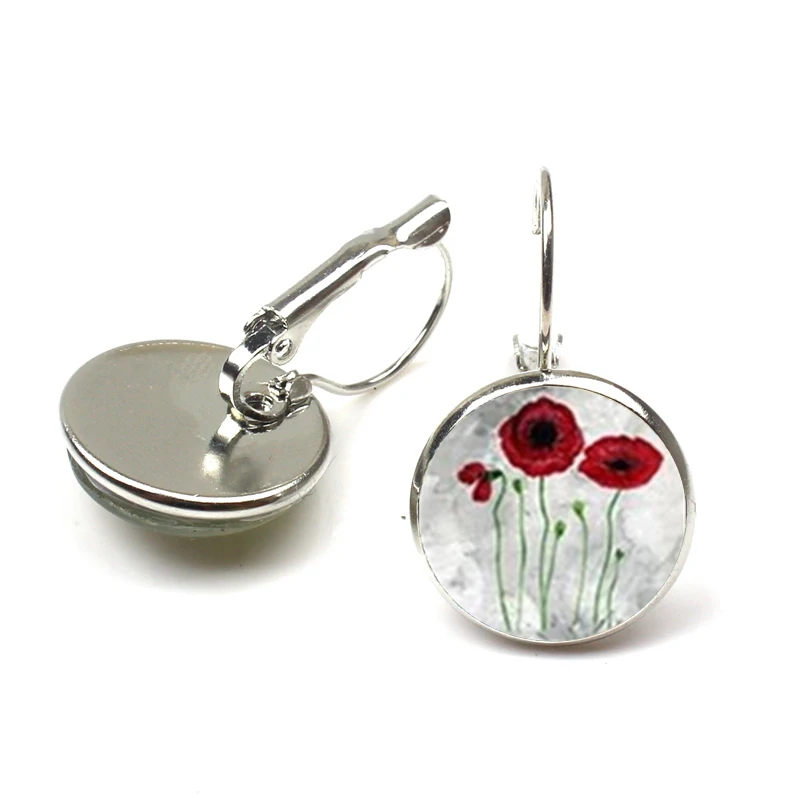 New Arrival Red Poppy Art Dangle Earrings Handmade Round Glass Dome Field Poppies Flower Stud Earring women Jewellery Wholesale