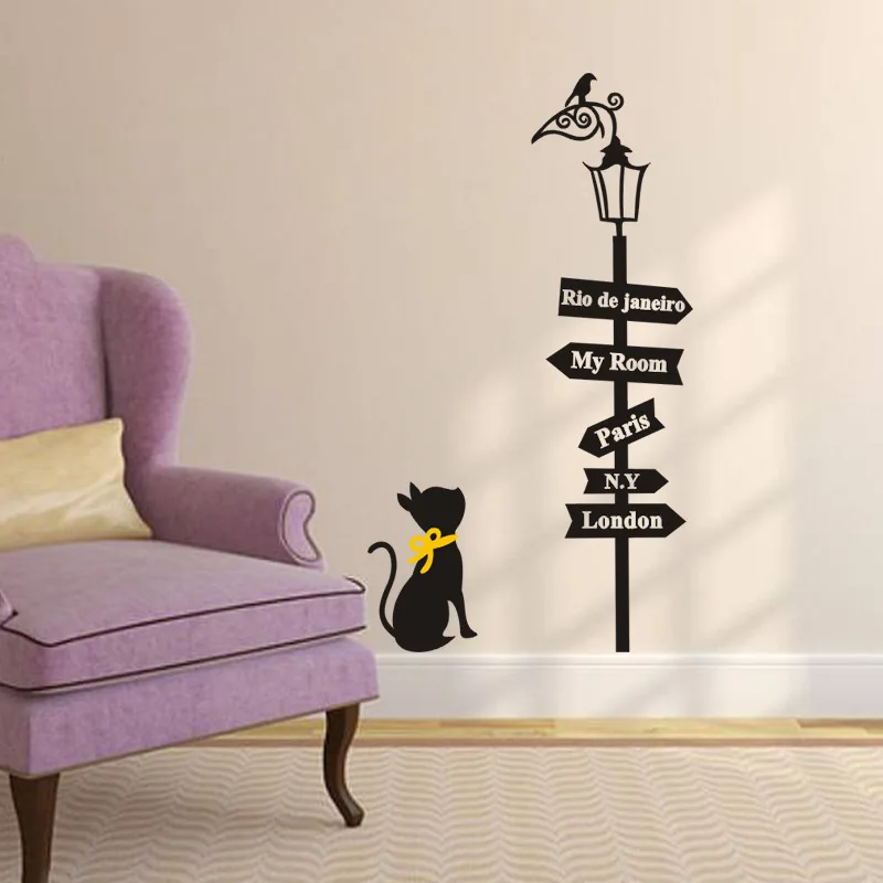 

Lamp Wall Sticker Cat Under The Lamp Wall Decals Children London Paris My Room Signs Decals Children Wall Mural Art Home Decor