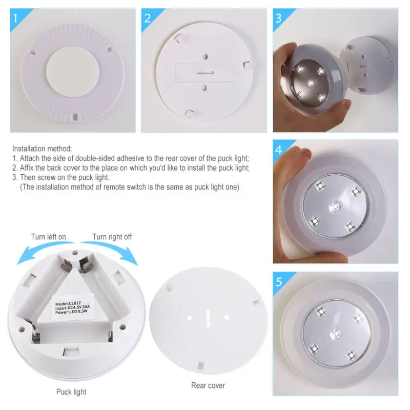 Lampu Dinding Remote Control 5LED Nirkabel Putih Lampu Keping Lemari Kamar