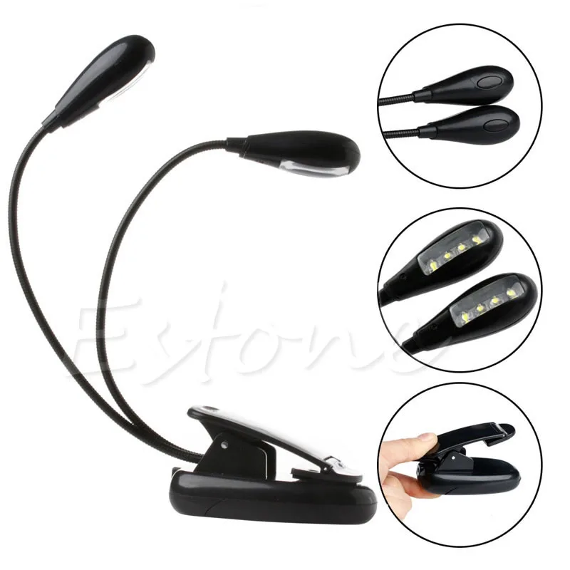 8 LED Book Reading Table Light Lamp Bright Dual Flexible Adjustable Double Goosenecks Clip-on Arm Study Music Desk Light