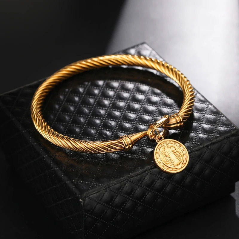 D&Z Saint Benedict Medal Charm Bracelet & Bangle Women Gold Color 316L Stainless Steel Wire Bangles Jewelry San Benito