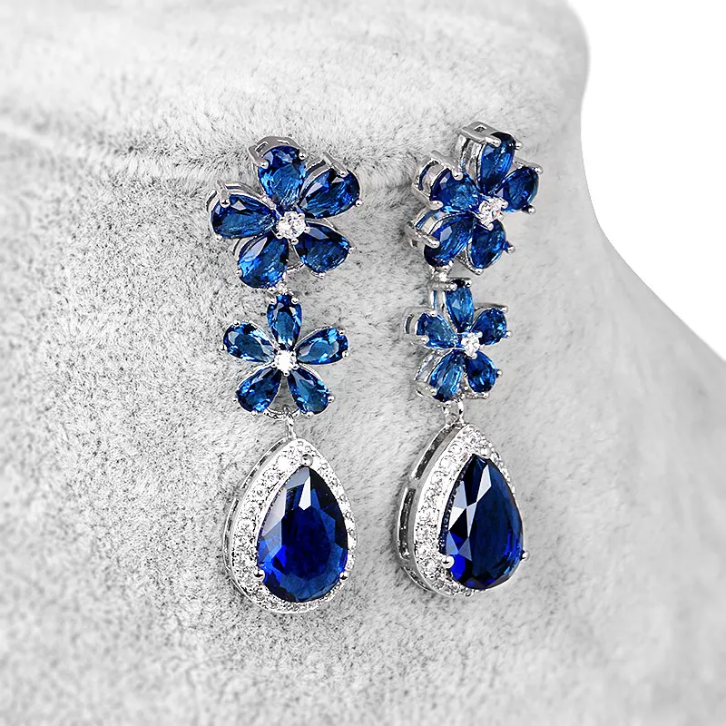 WEIMANJINGDIAN Brand Blue Teardrop and Flower Cubic Zirconia Wedding Necklace and Earring Bridal Jewelry Set